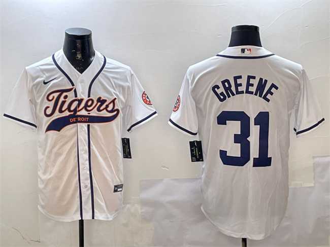 Men%27s Detroit Tigers #31 Riley Greene White With Patch Cool Base Stitched Jersey->detroit tigers->MLB Jersey